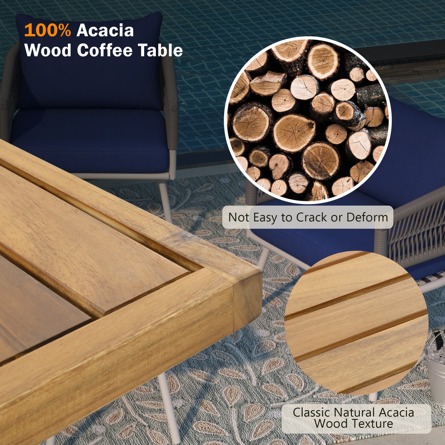 K&K 4-Piece Boho Patio Set with Acacia Wood Table, Navy Blue