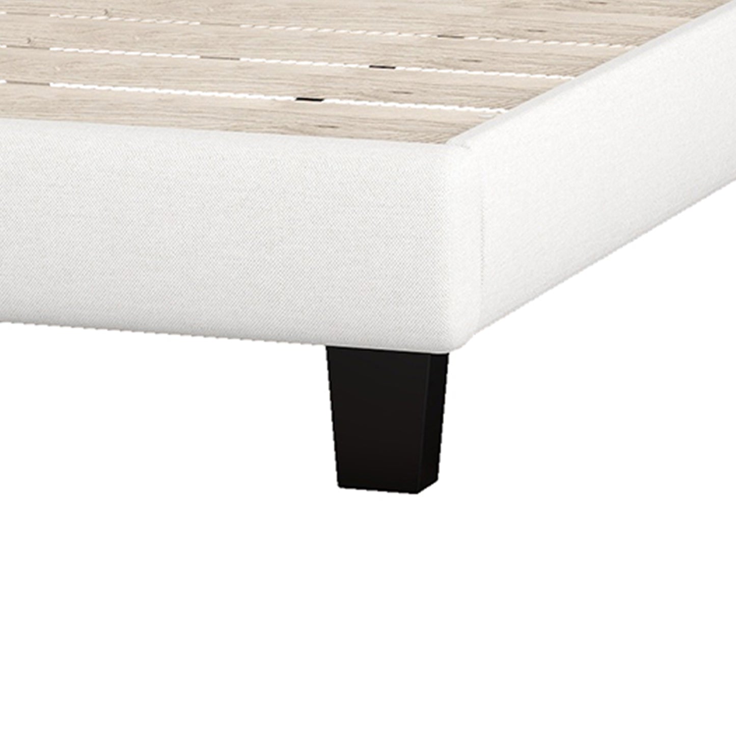 Upholstered king platform bed with curved headboard, beige