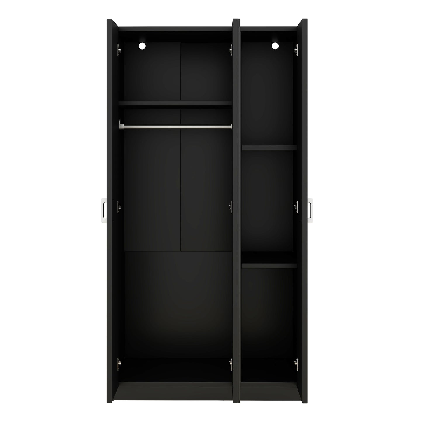 3-door mirror dresser wardrobe with hanging rod and 3 shelves, black