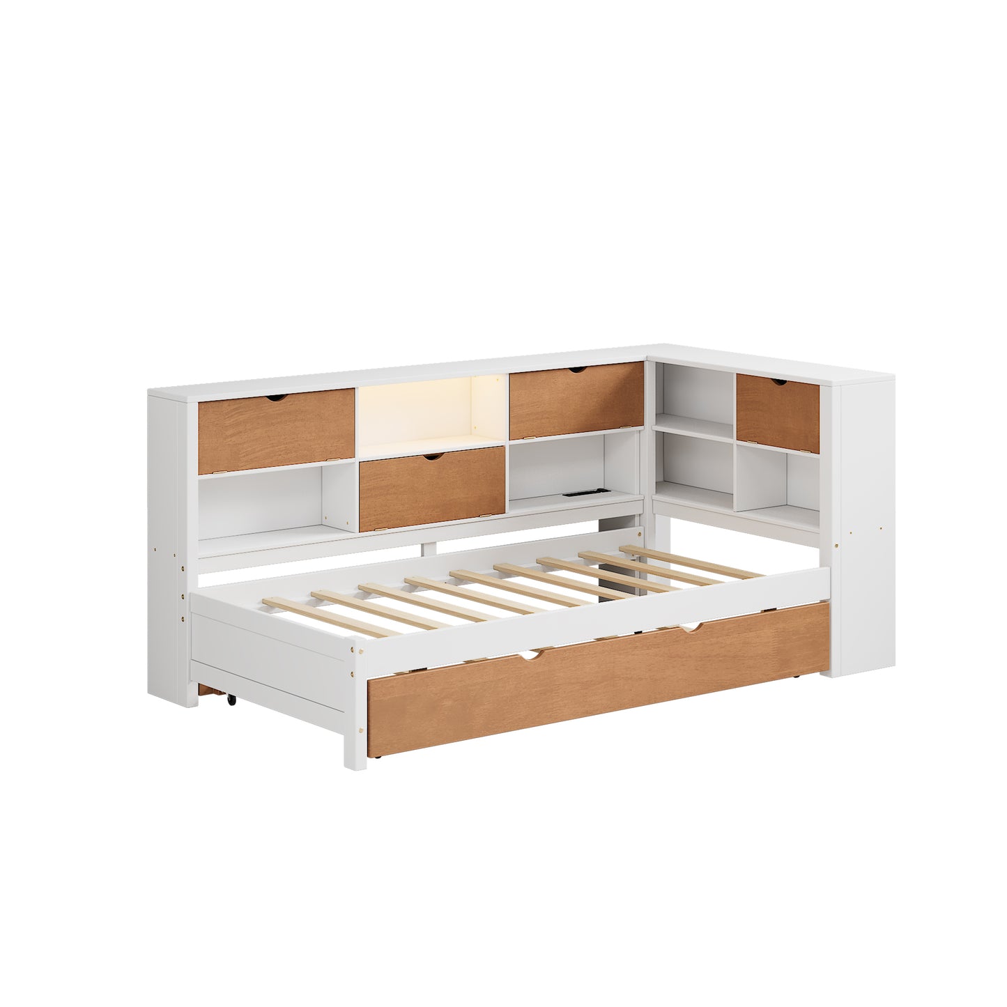 L-shaped twin bed frame with trundle, bookcase, LED light, walnut and white