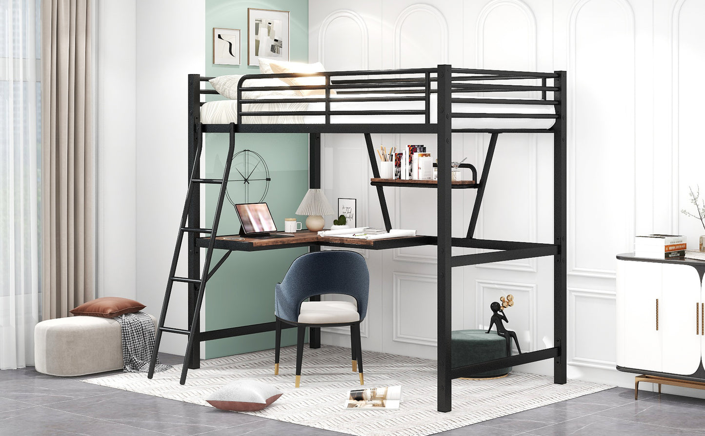 Twin Size Loft Metal & MDF Bed with Desk and Shelf, Black