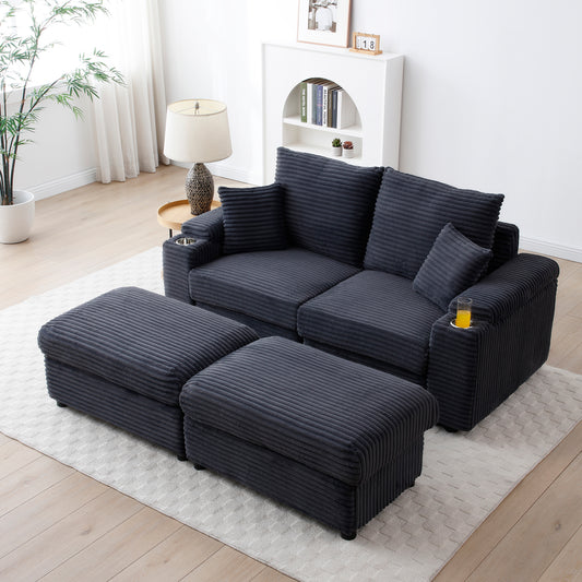 Loveseat with Ottomans, Corduroy Modular Sofa, Deep Plush, Grey