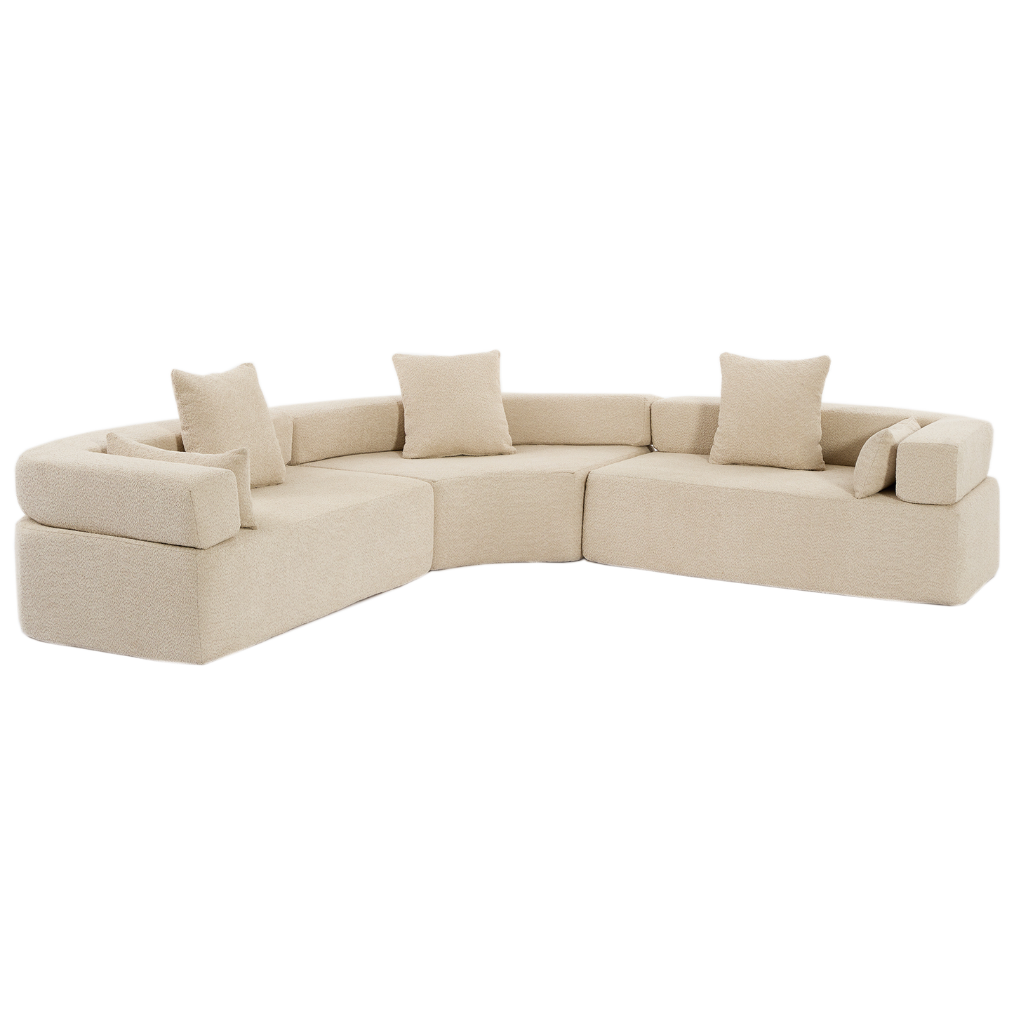 Oversized Curved 4-Seater Modular Sofa, 3-Piece Boucle, Khaki