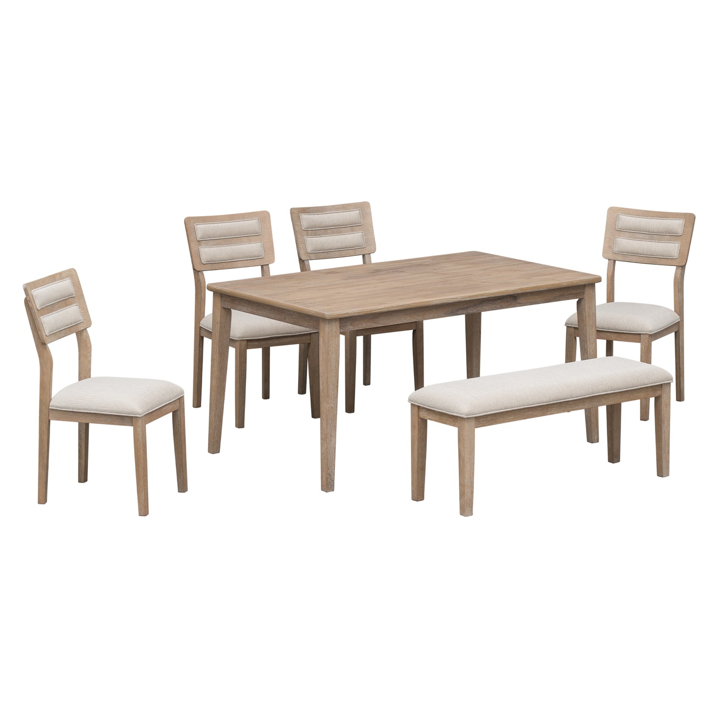 6-piece traditional dining set with upholstered chairs and bench, natural wood wash