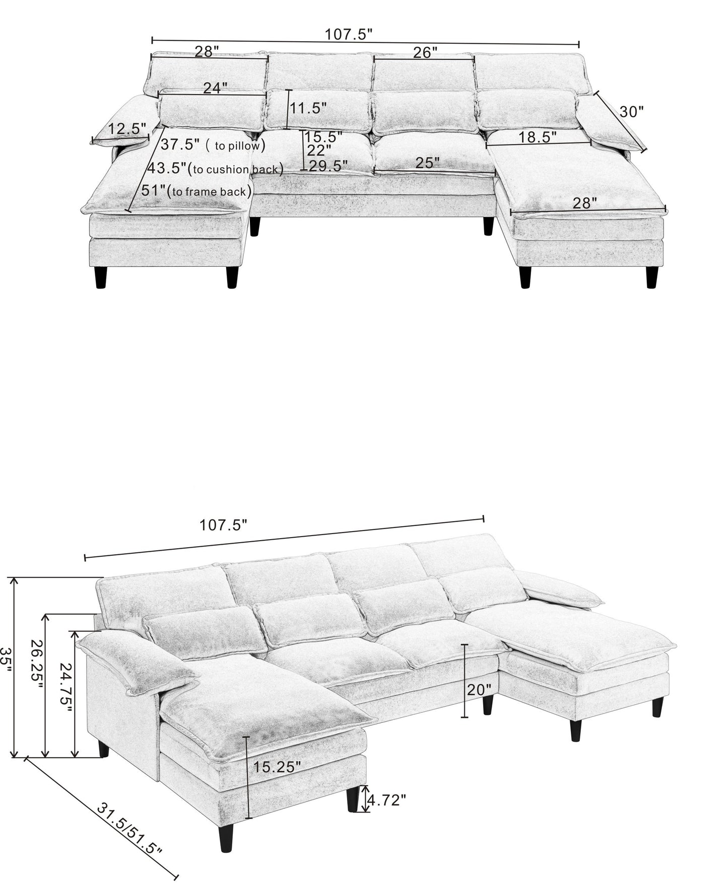 U-Shaped Modular Sectional Sofa with Chaise, 4 Seater, Terrycloth, Brown