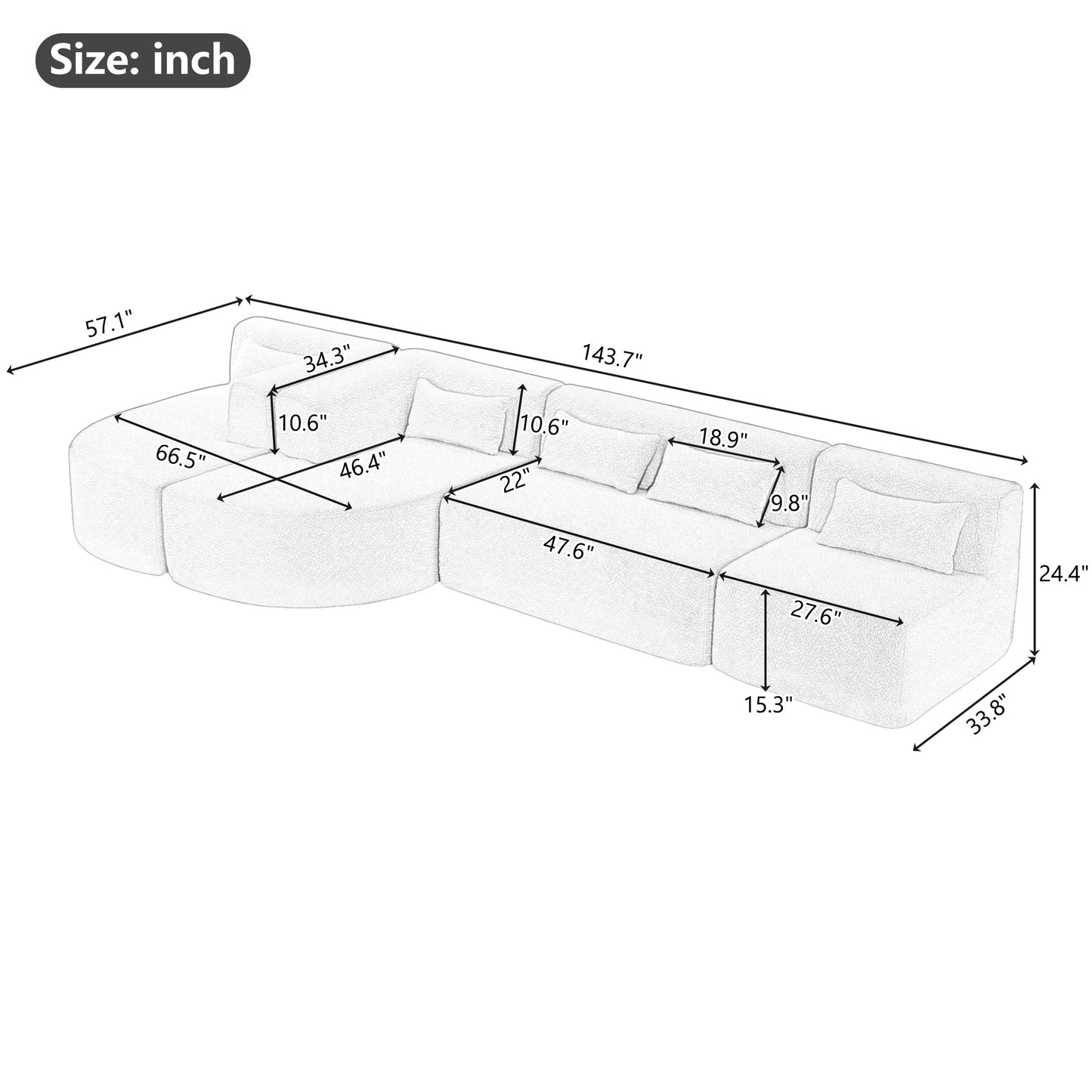 143.7 Upholstered Sofa with Chaise and Back Pillows, Beige