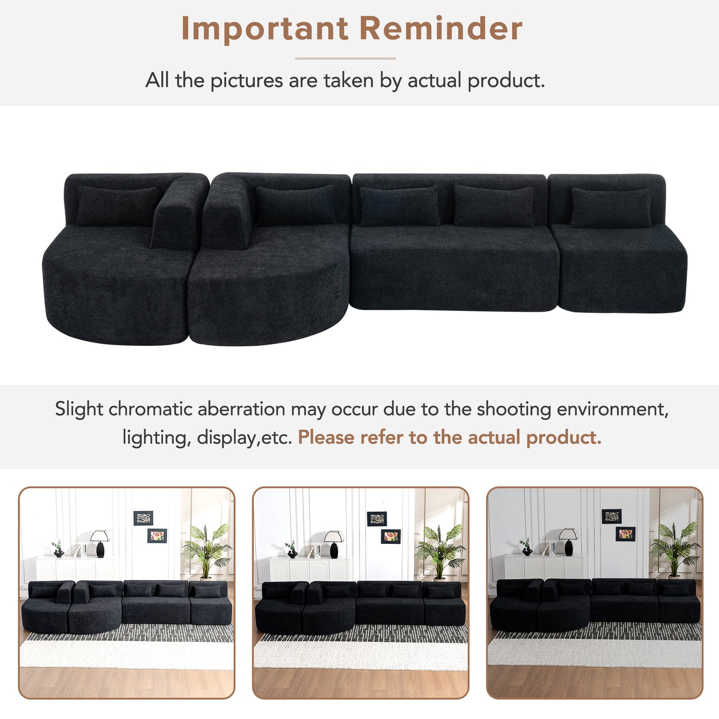 143.7 Upholstered Sofa with Chaise and Back Pillows, Black