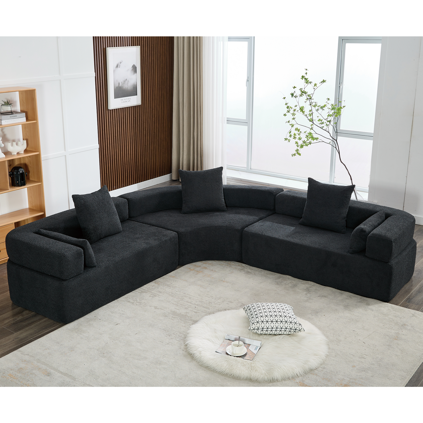 Oversized Curved 4-Seater Modular Sofa, 3-Piece Boucle, Black