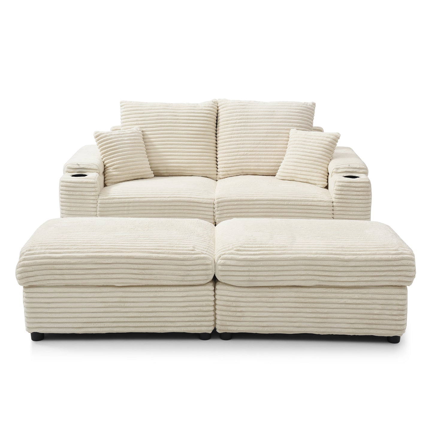 Loveseat with Ottomans, Corduroy Modular Sofa, Deep Plush, Cream