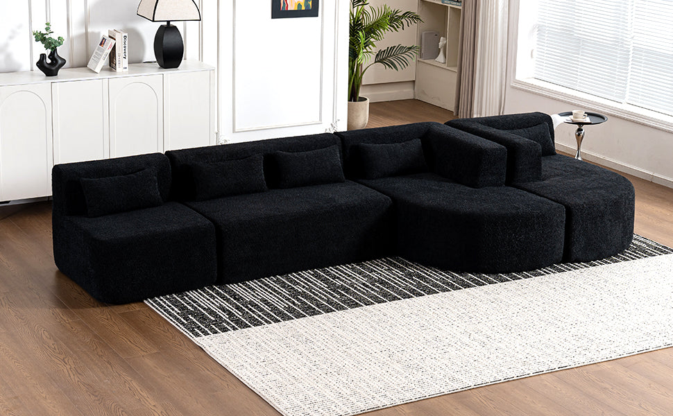 143.7 Upholstered Sofa with Chaise and Back Pillows, Black