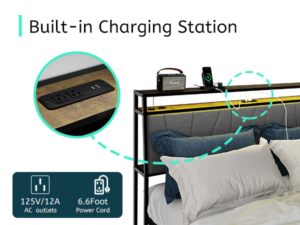 King bed frame with storage, ergonomic headboard, charging station, and LED lights, rustic brown