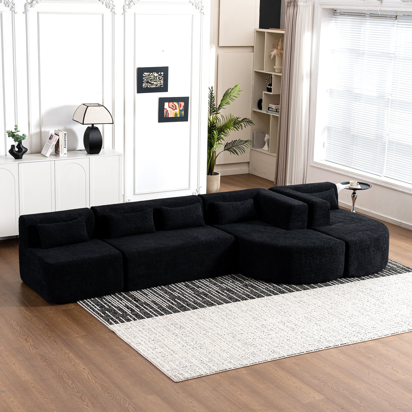 143.7 Upholstered Sofa with Chaise and Back Pillows, Black