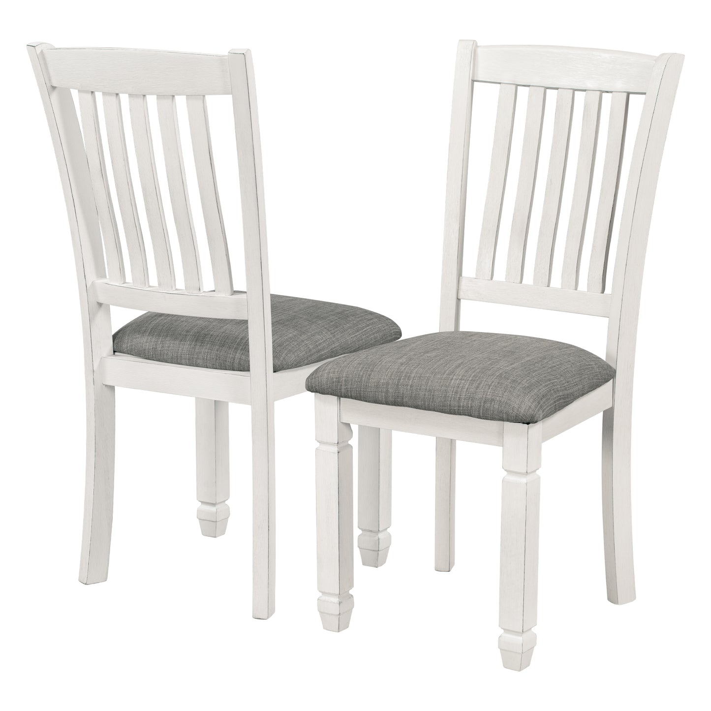 7-piece dining set with upholstered chairs and shaped legs, gray table, white chairs