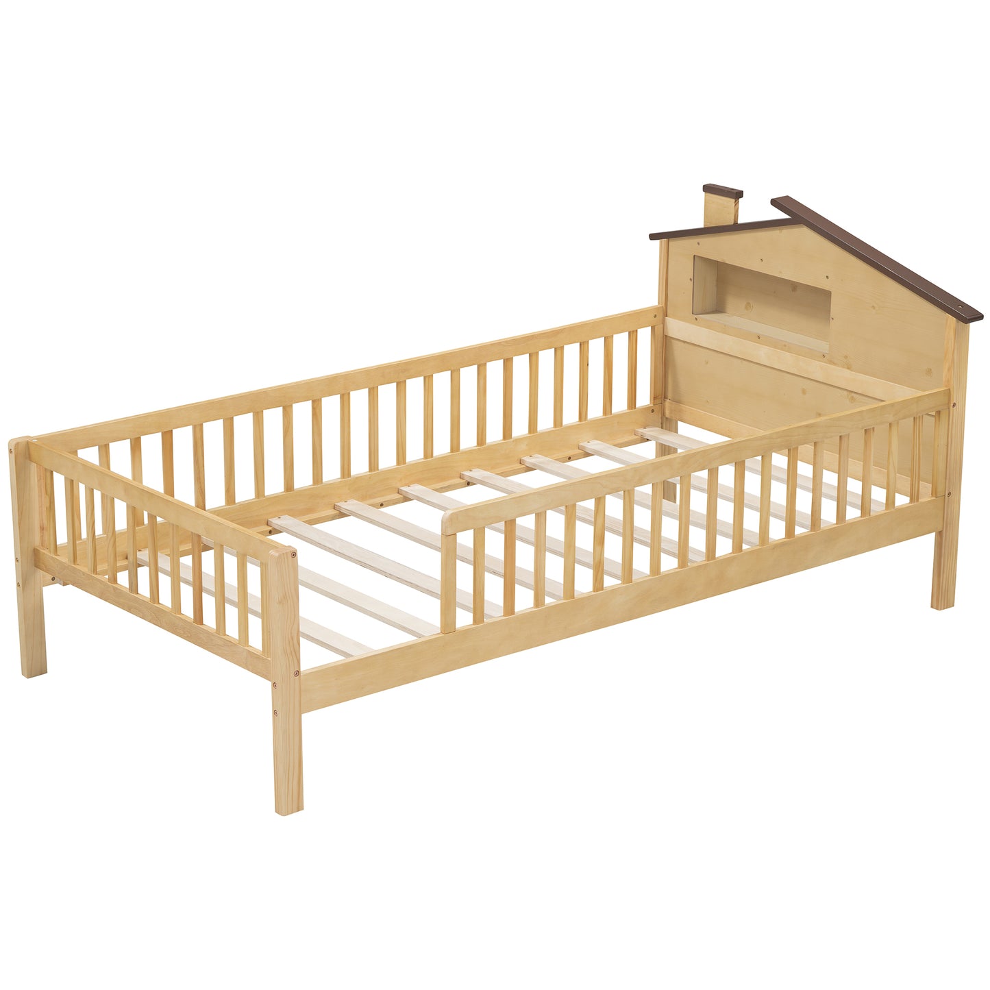 Twin Size Wood Platform Bed with House-shaped Headboard, LED and Built-in Storage, Natural