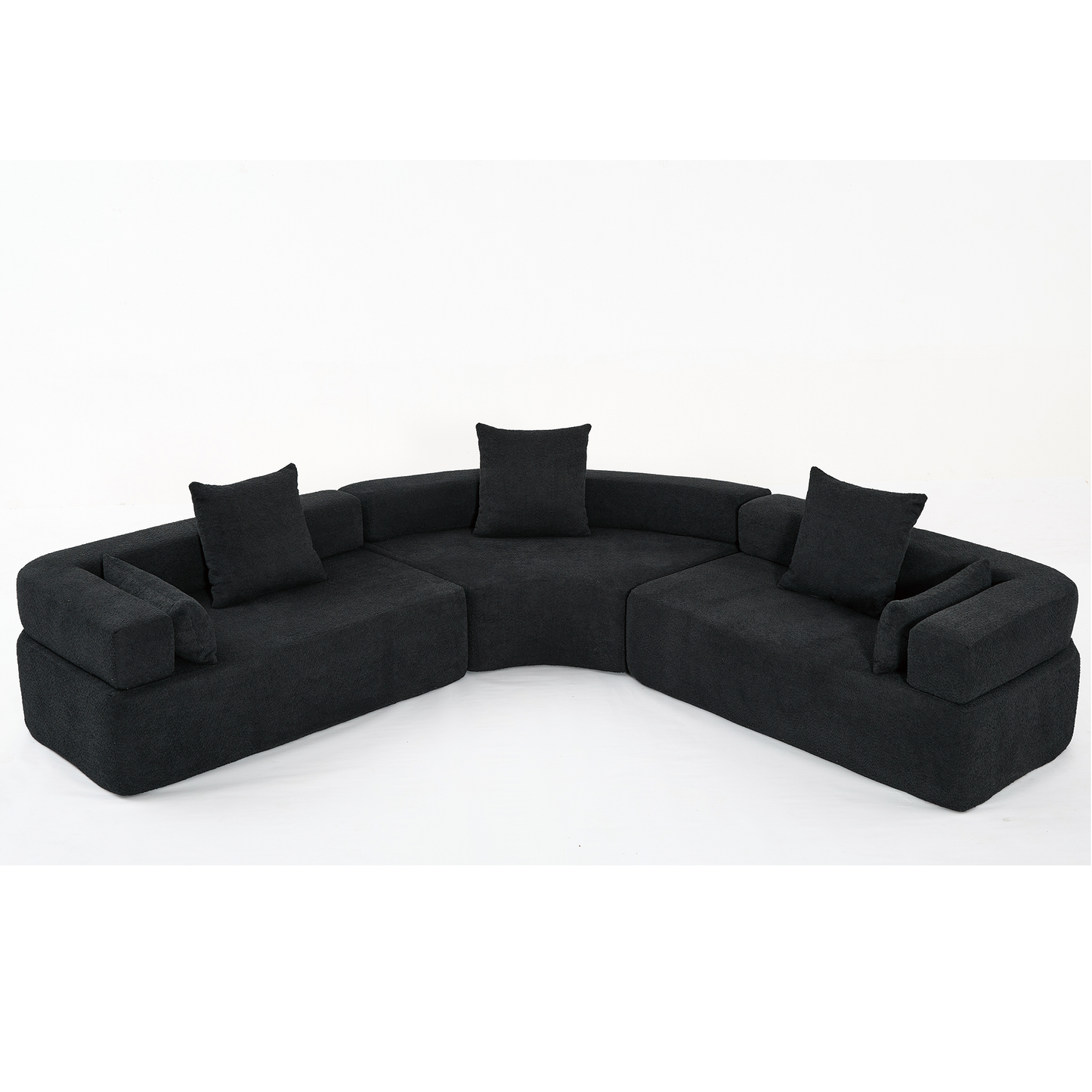 Oversized Curved 4-Seater Modular Sofa, 3-Piece Boucle, Black