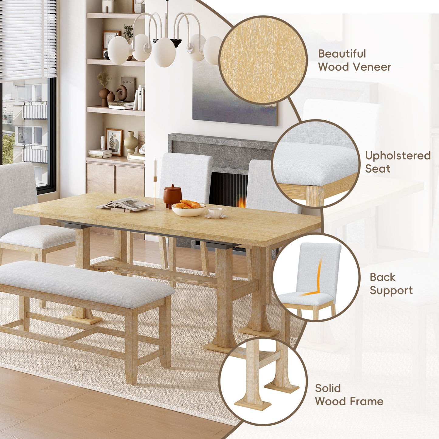 6-piece farmhouse dining set with extendable table and upholstered chairs, natural finish