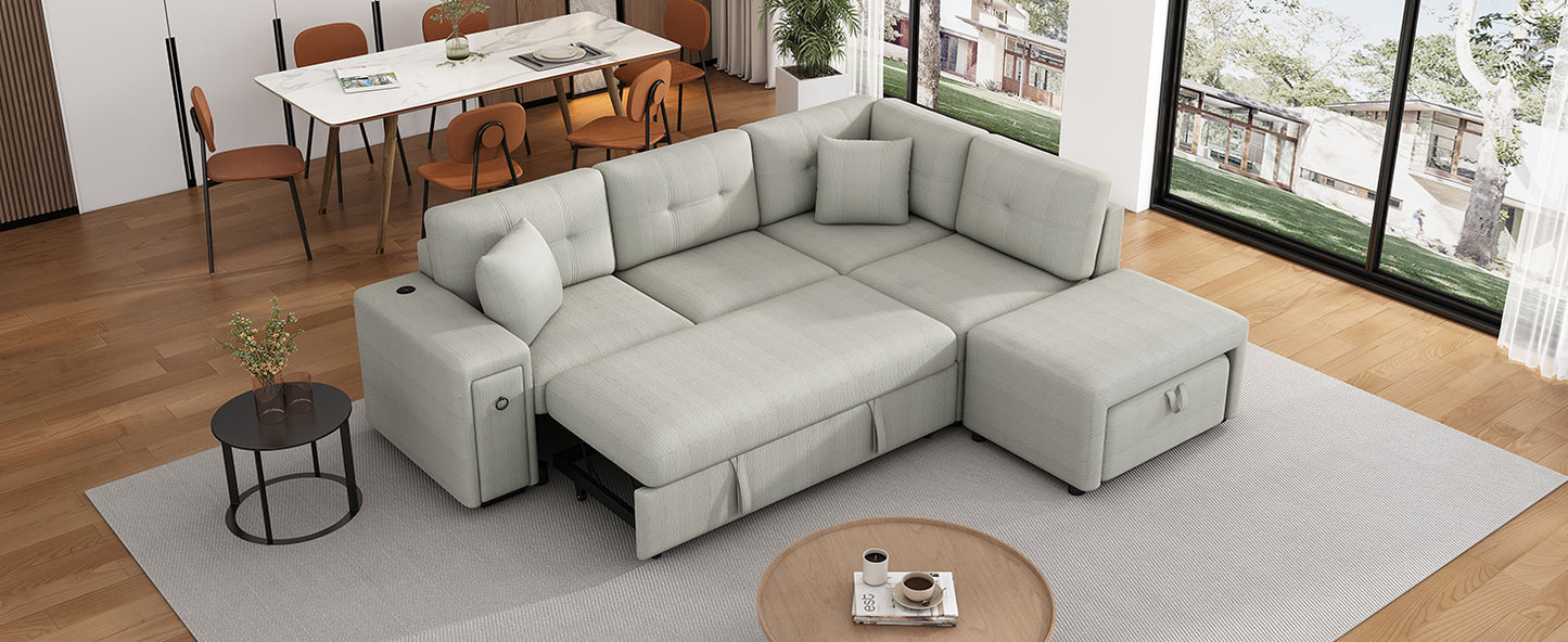 86.6 L-Shaped Sofa Bed with Ottoman, USB Ports & Cup Holders, Gray