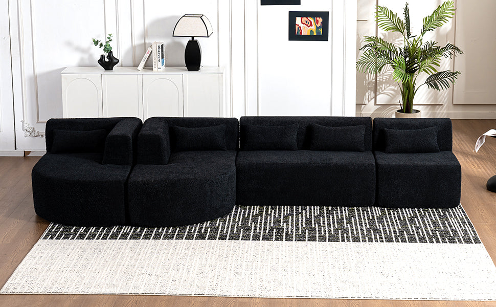 143.7 Upholstered Sofa with Chaise and Back Pillows, Black