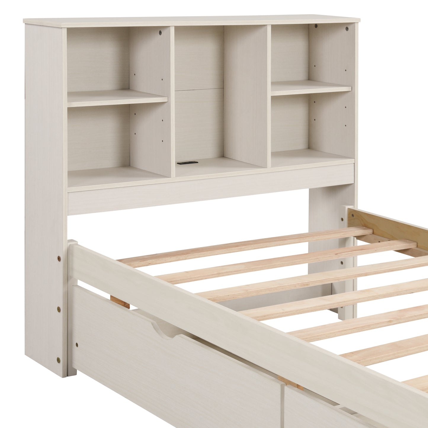 Modern twin bed frame with USB port, bookcase headboard, and drawers, white washed