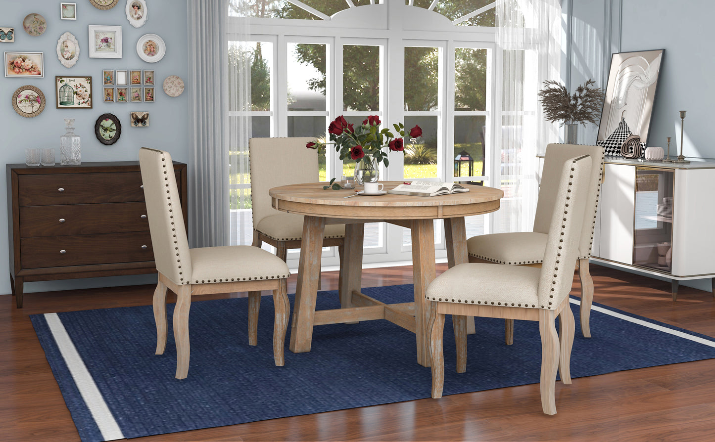 5-piece farmhouse round extendable dining set, natural wood wash, upholstered chairs