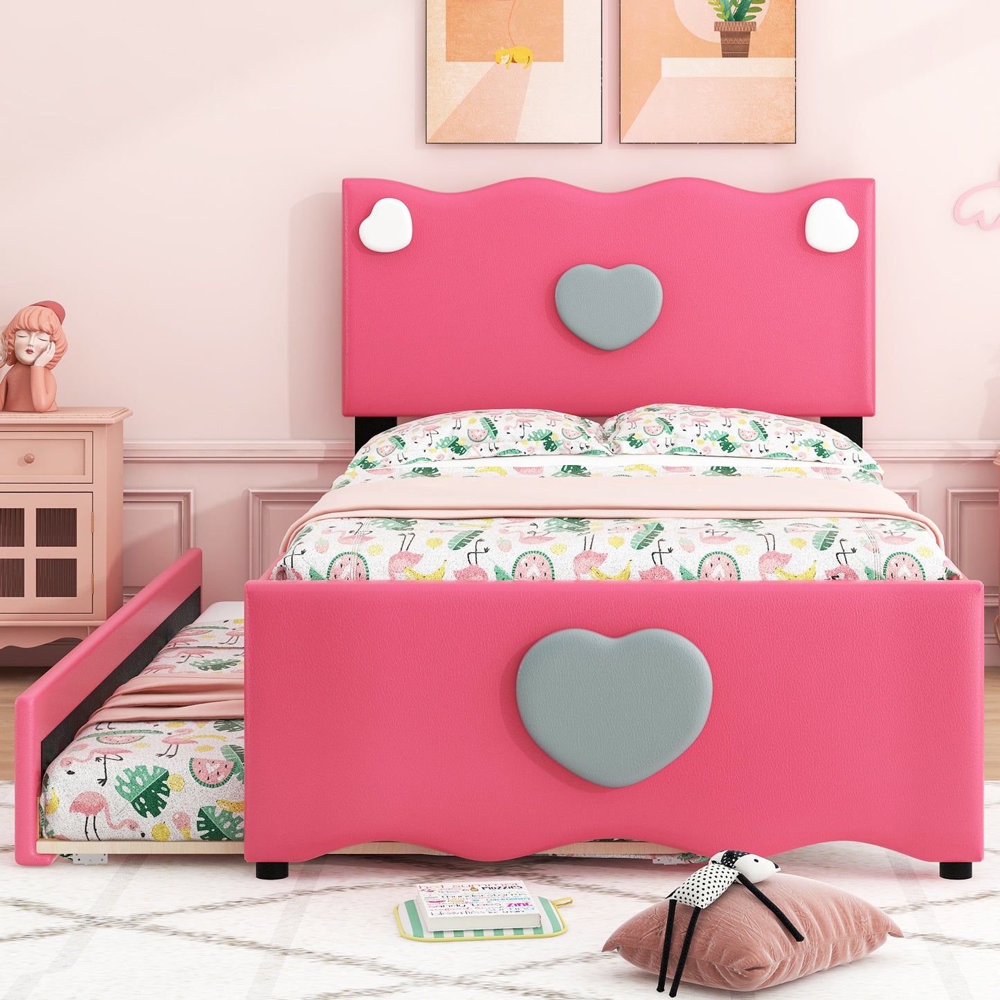 Twin Size Upholstered Platform Bed with Trundle and Heart Shaped Decoration, Dark Pink