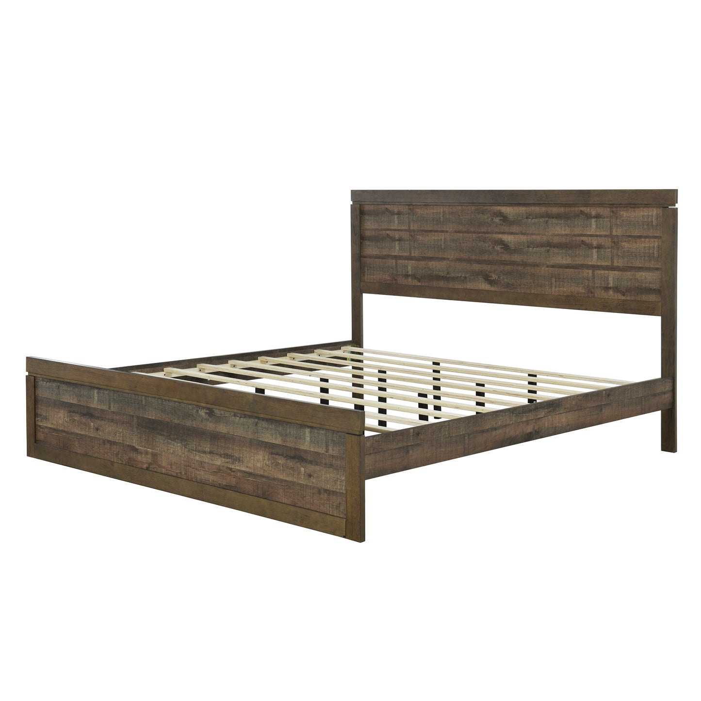 Vintage farmhouse king platform bed with wooden slats, rustic brown