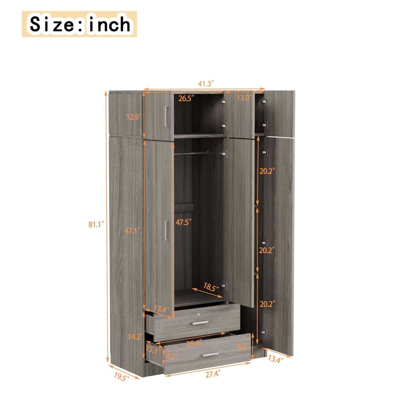 3-door mirror dresser wardrobe with 2 drawers and top cabinet, gray