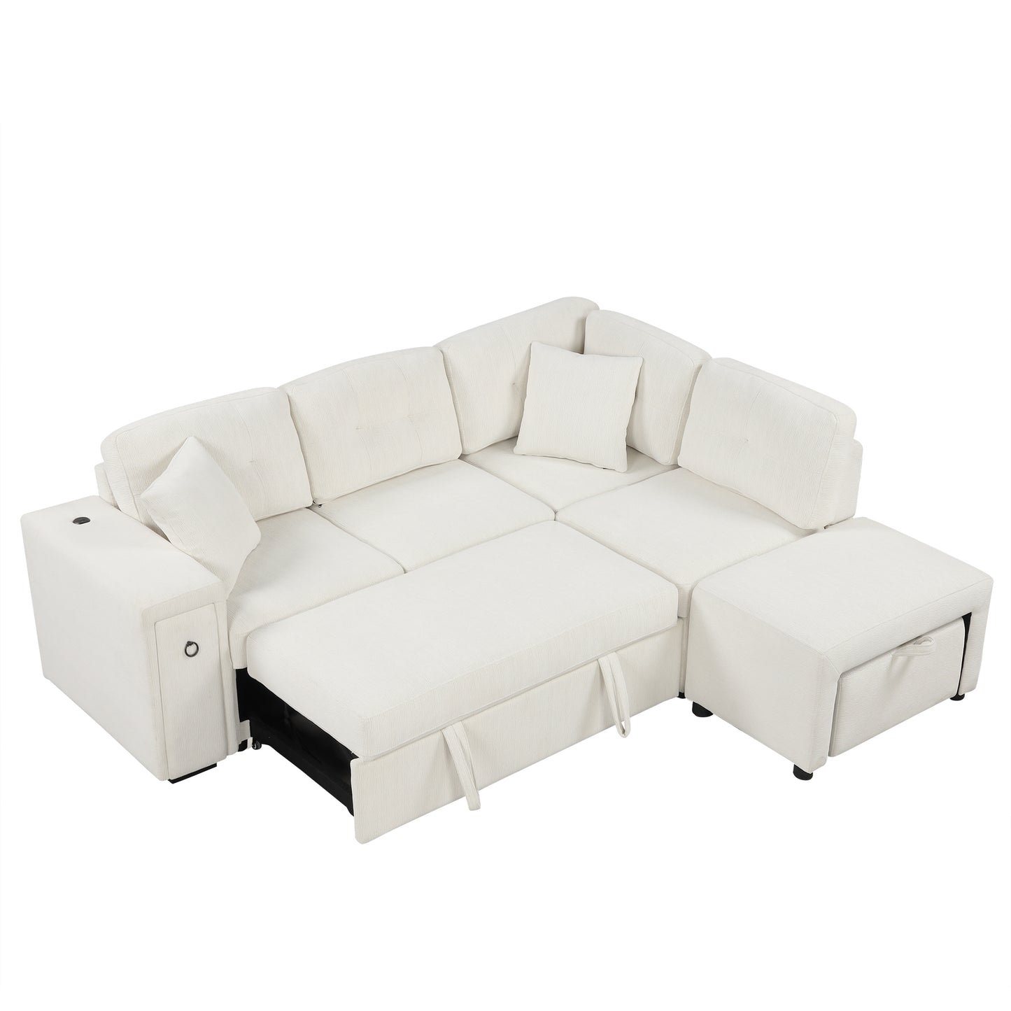 86.6 L-Shaped Sofa Bed with Ottoman, USB Ports & Cup Holders, Beige