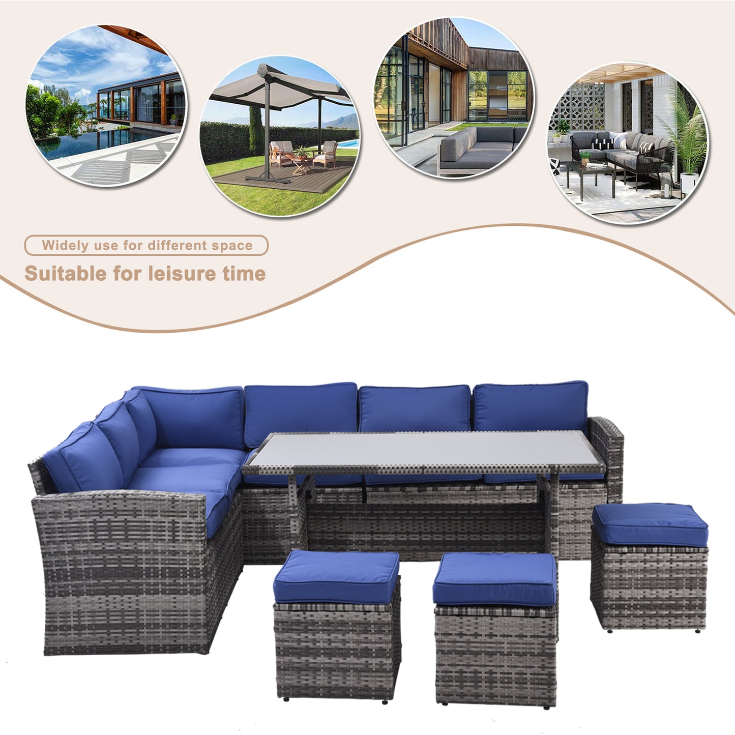 7-piece outdoor sectional sofa set with dining table, grey rattan, blue cushions