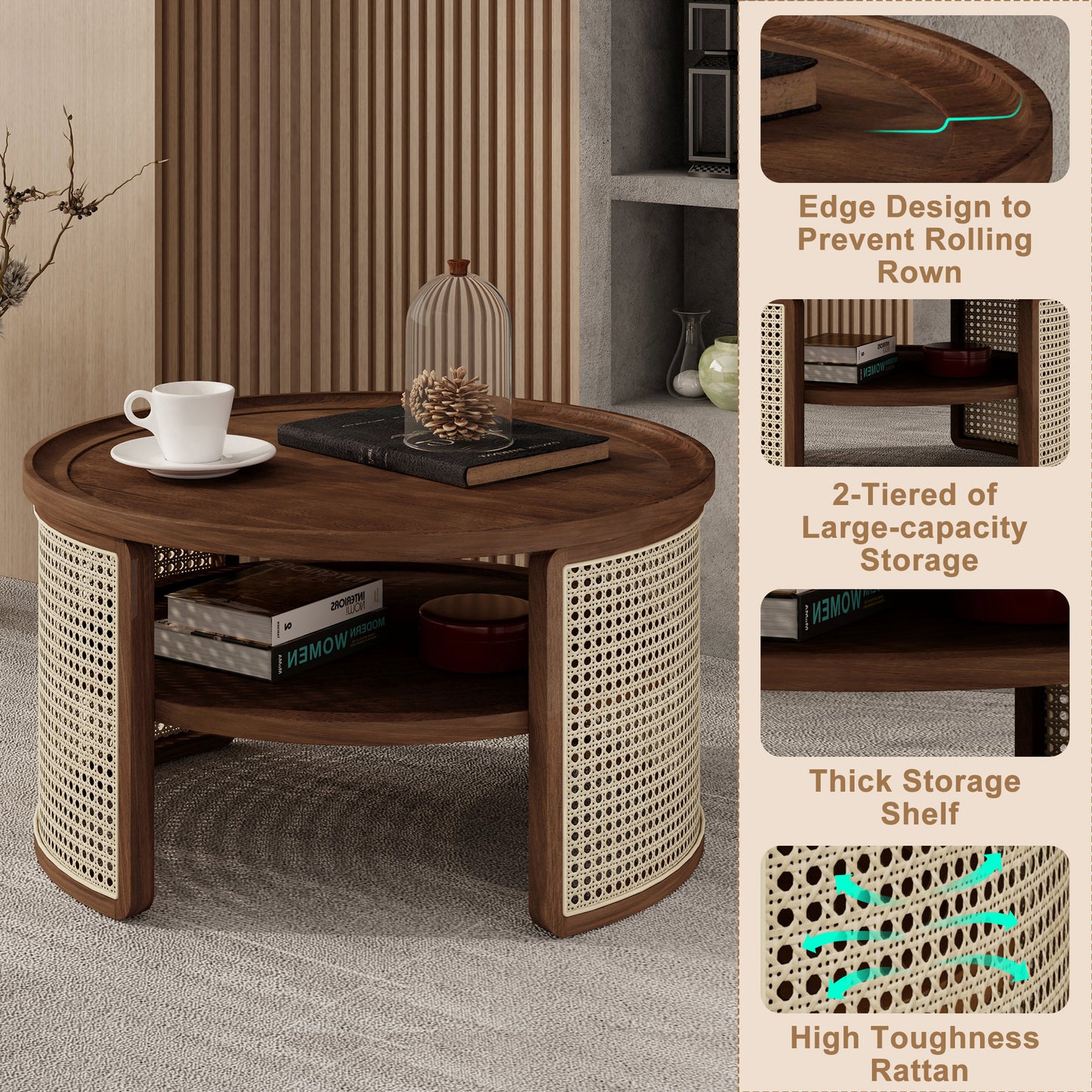 2-Tier Walnut Coffee Table with Rattan Base