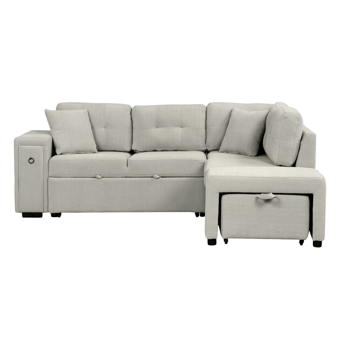 86.6 L-Shaped Sofa Bed with Ottoman, USB Ports & Cup Holders, Gray