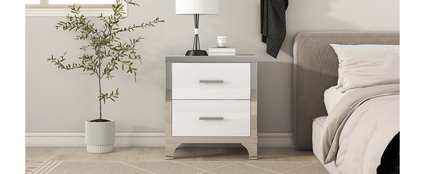 Elegant high gloss nightstand with 2 drawers, mirrored, white