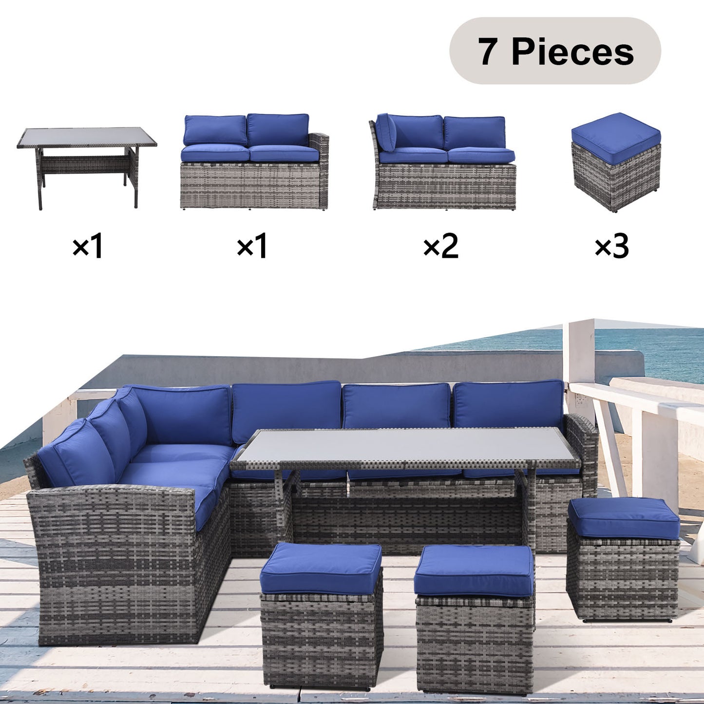 7-piece outdoor sectional sofa set with dining table, grey rattan, blue cushions