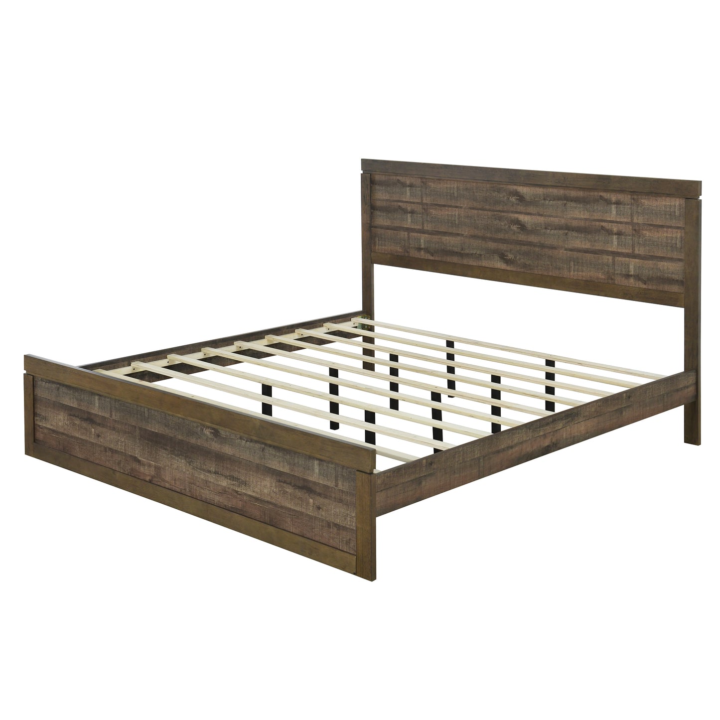 Vintage farmhouse king platform bed with wooden slats, rustic brown