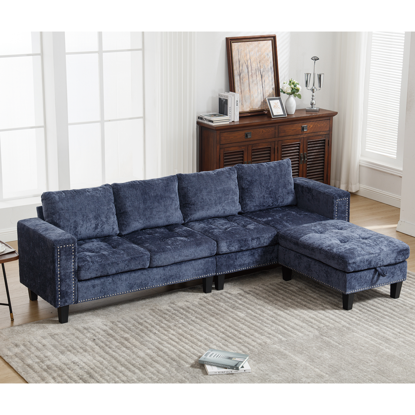 5-Seat Modular Sofa with Storage Ottoman, Reversible Chaise, Chenille, Blue