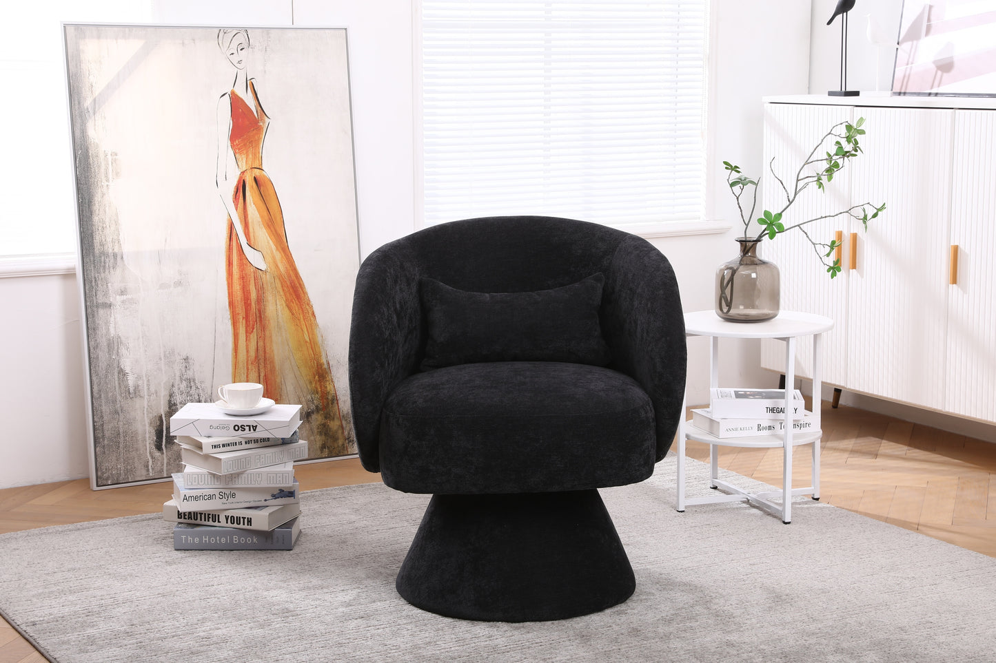 Swivel Accent Chair with a round barrel design for living rooms and bedrooms - Black