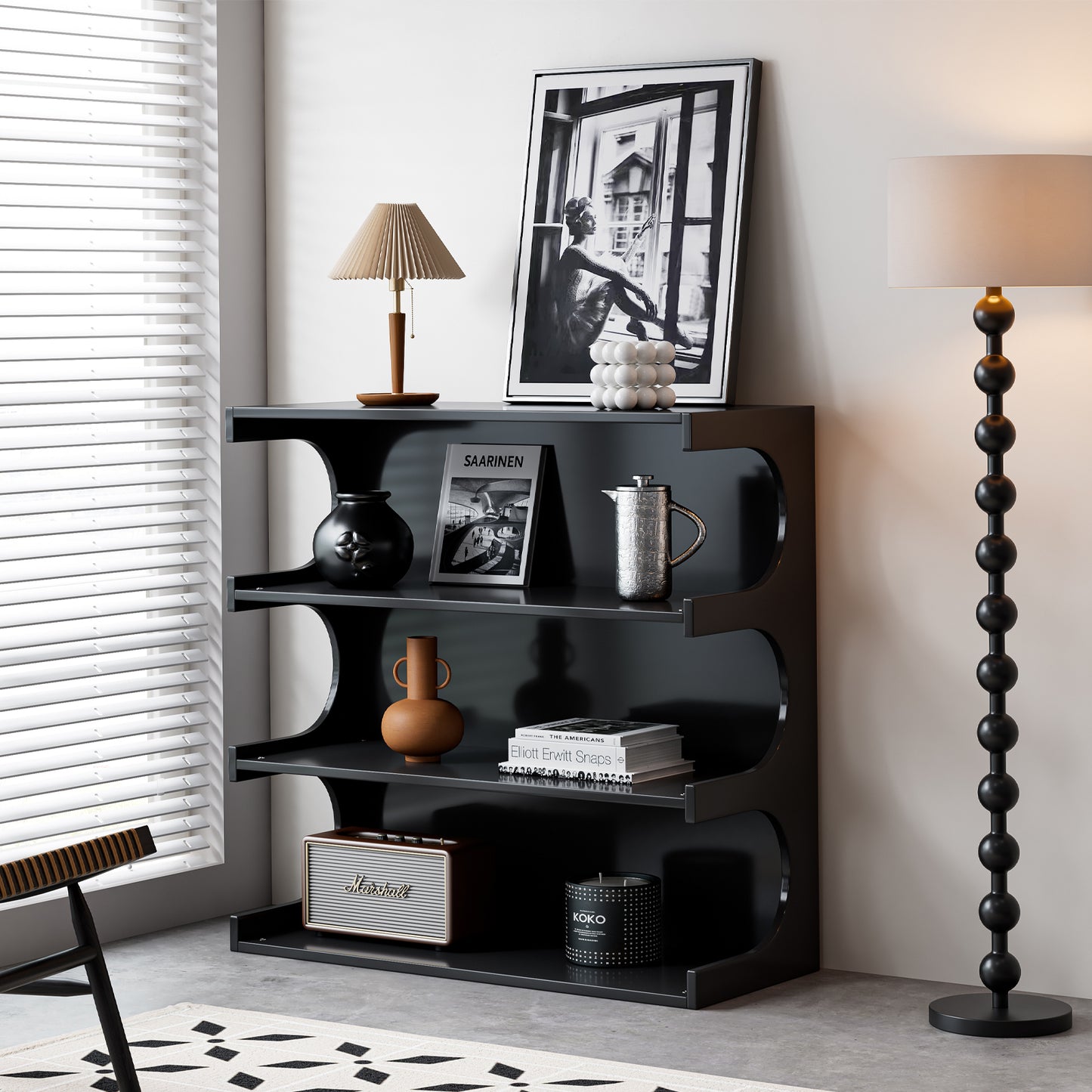 Multifunctional 4-Tier Black Bookshelf & Coffee Table