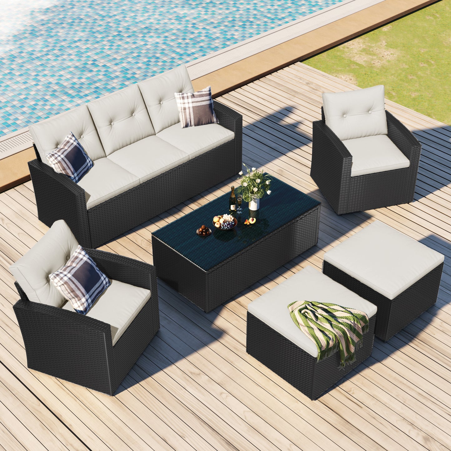 6-piece wicker patio sectional set with coffee table, black wicker, beige cushions