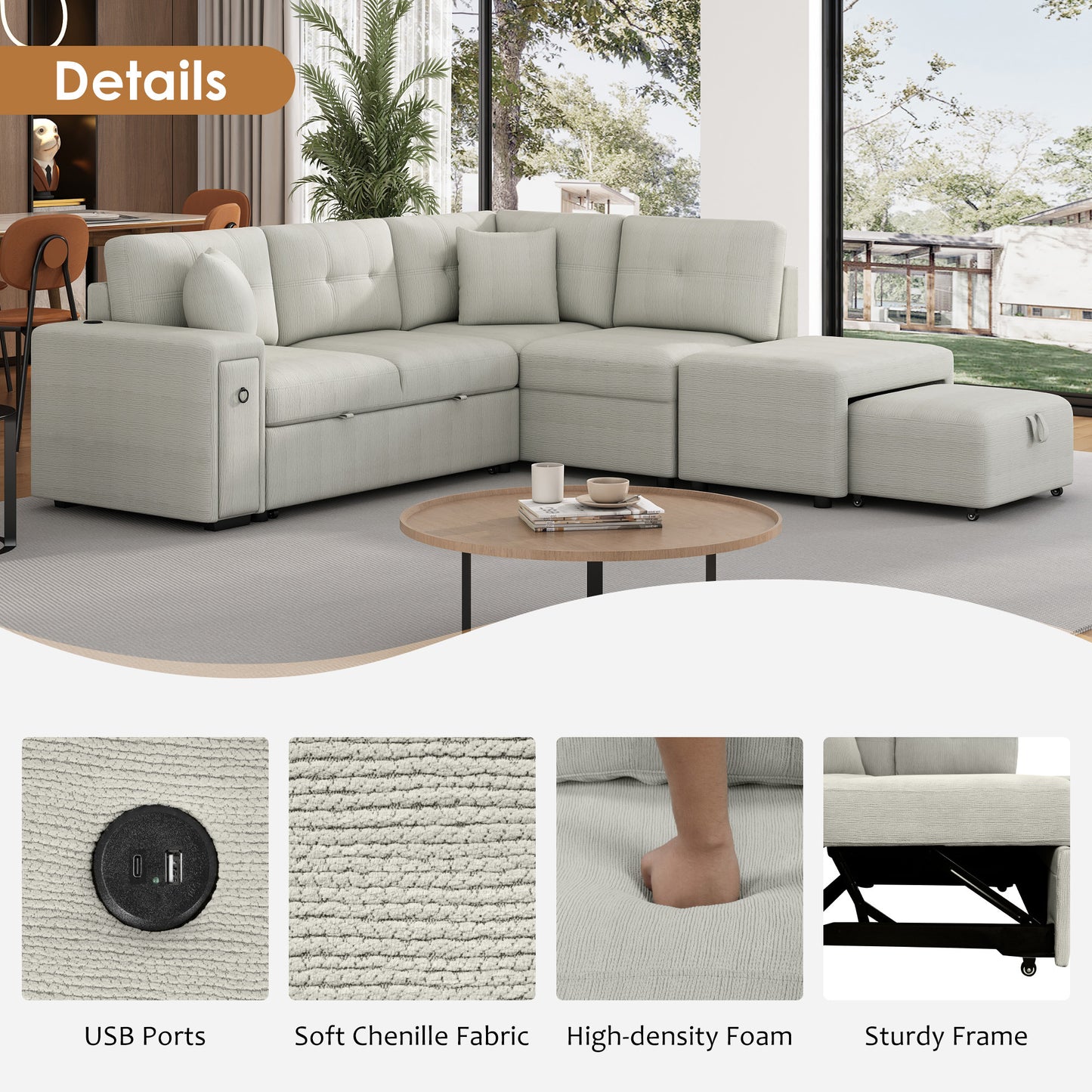 86.6 L-Shaped Sofa Bed with Ottoman, USB Ports & Cup Holders, Gray