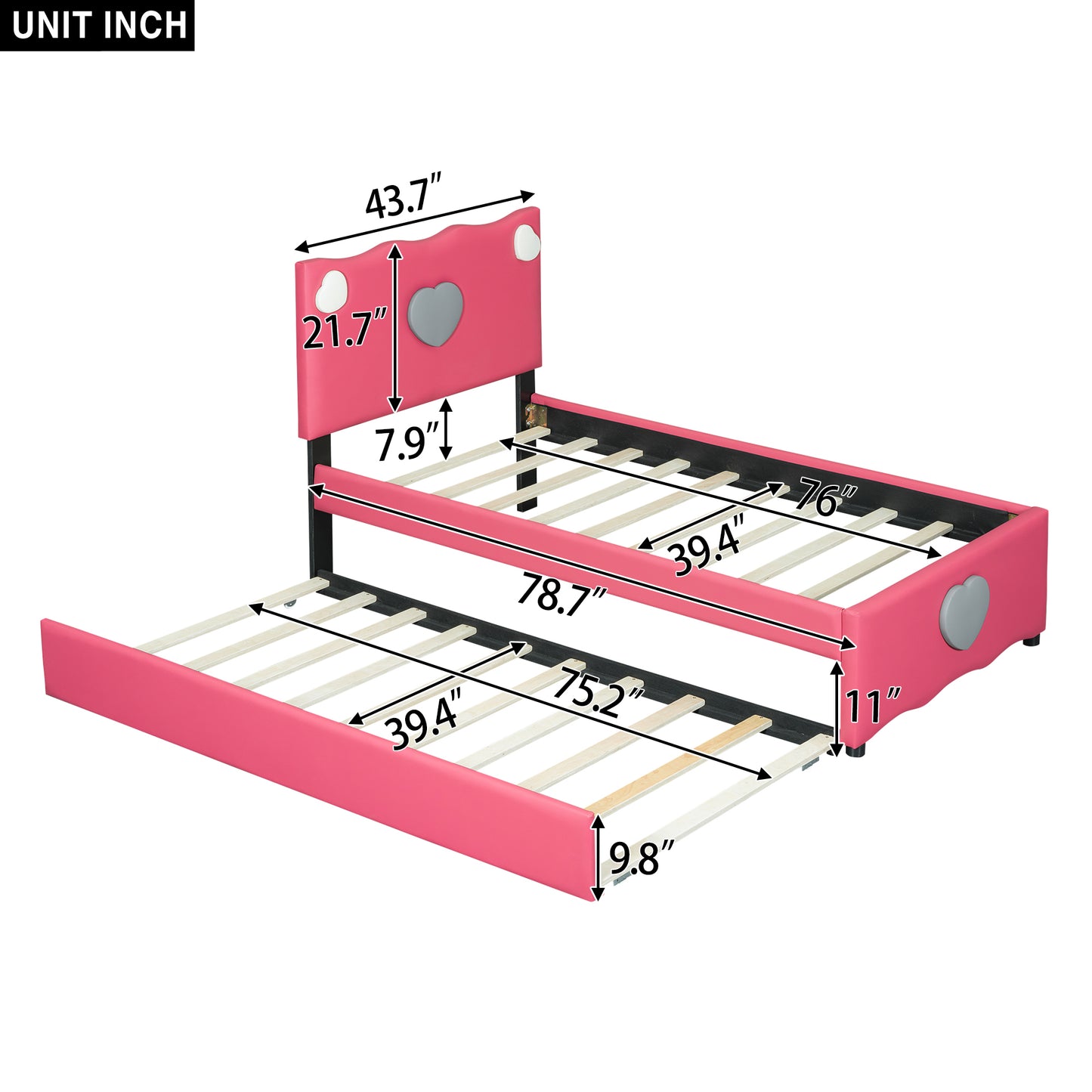 Twin Size Upholstered Platform Bed with Trundle and Heart Shaped Decoration, Dark Pink