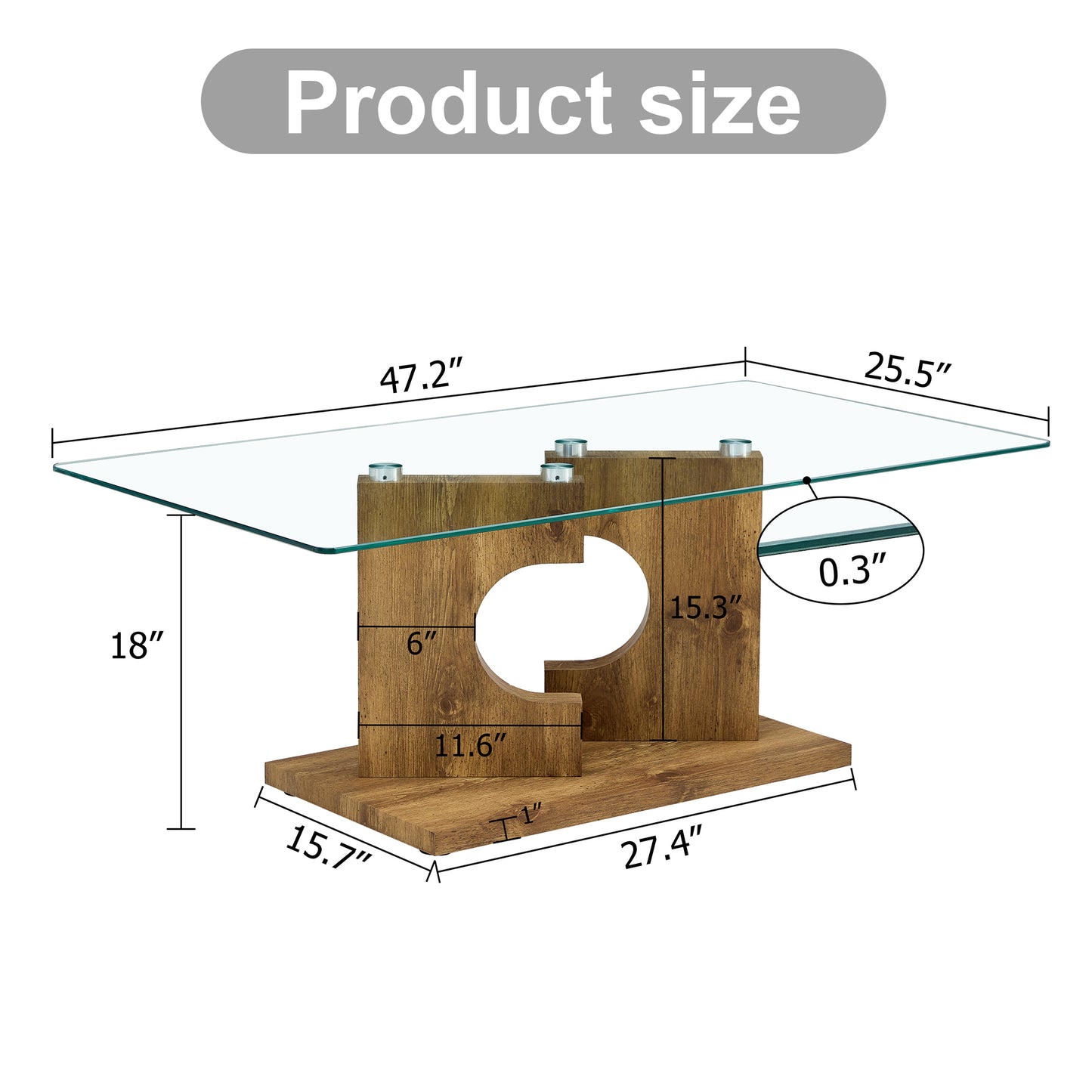 Rectangular Coffee Table with Glass Top & MDF Legs