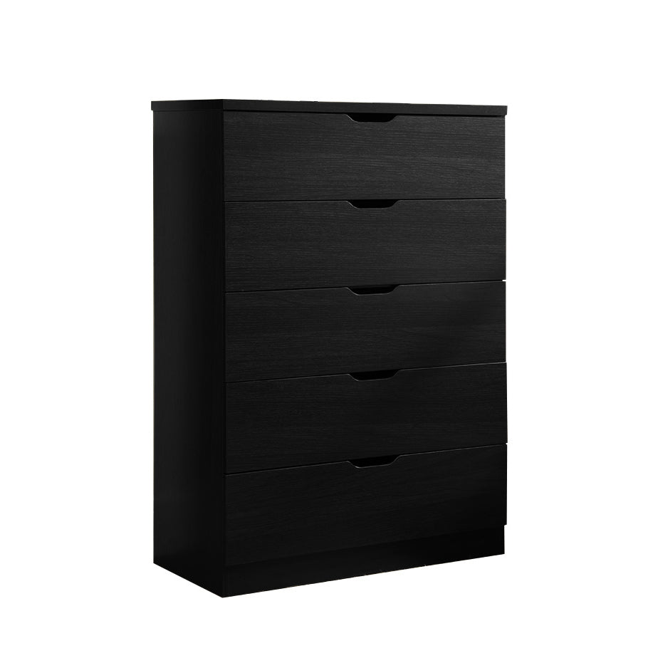 Modern black dresser with five drawers and metal glides for clothes and storage