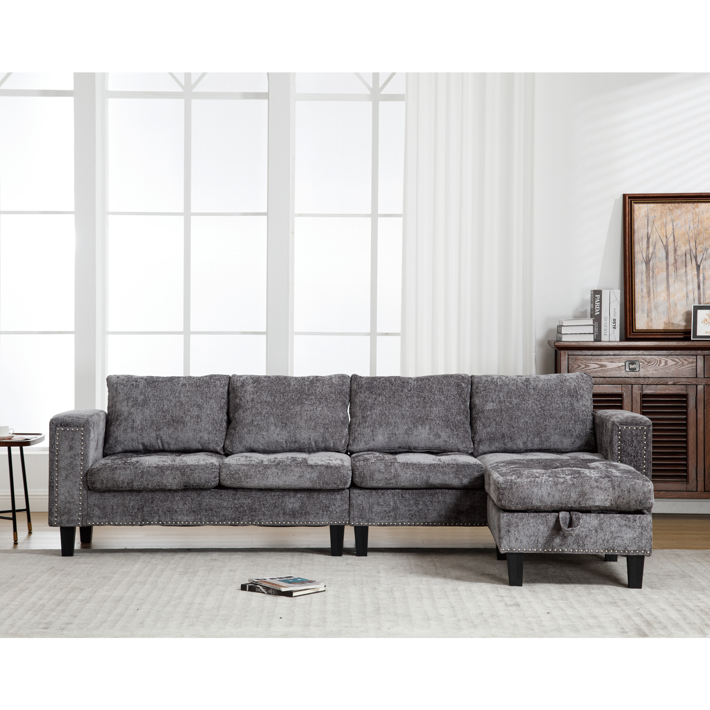 5-Seat Modular Sofa with Storage Ottoman, Reversible Chaise, Chenille, Gray