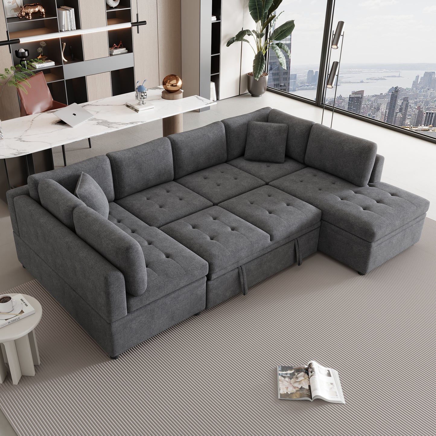 117.3 U-Shaped Sofa Bed with Pillows, Gray