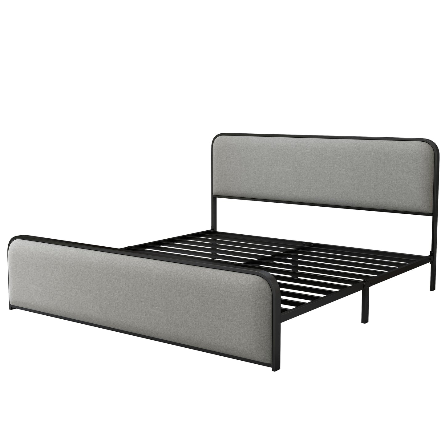 Modern king metal bed frame with curved upholstered headboard and under-bed storage, gray