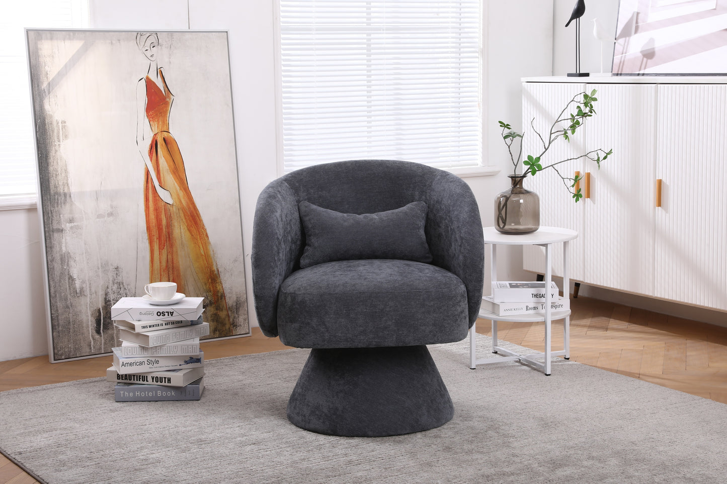 Swivel Accent Chair with a round barrel design for living rooms and bedrooms - Dark Grey