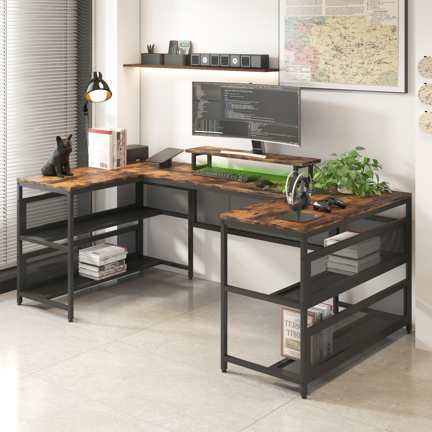 U-Shaped Desk with Power Outlets, LED, Monitor Stand, and Storage