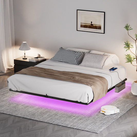 King floating bed frame with LED lights and charging station, metal platform