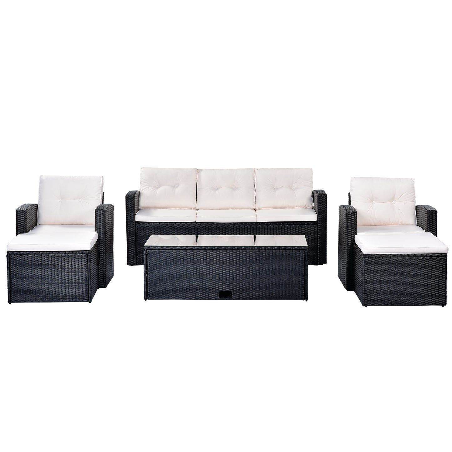 6-piece wicker patio sectional set with coffee table, black wicker, beige cushions