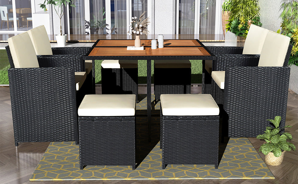 9-piece patio wicker dining set, black rattan, beige cushions